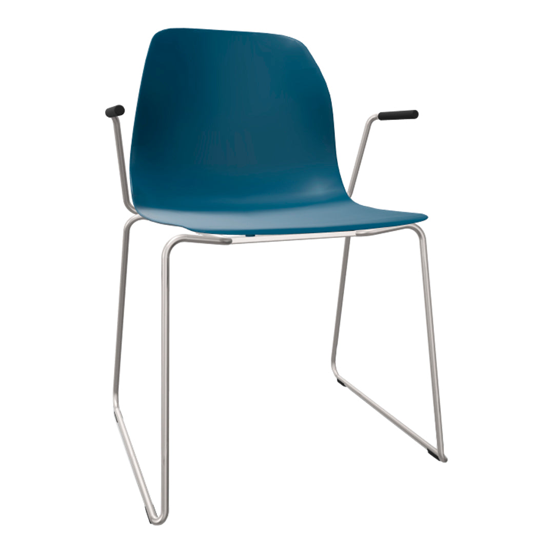 Teal chair with smooth plastic seat, stainless steel base, and black armrest grips, featuring a minimalist design.