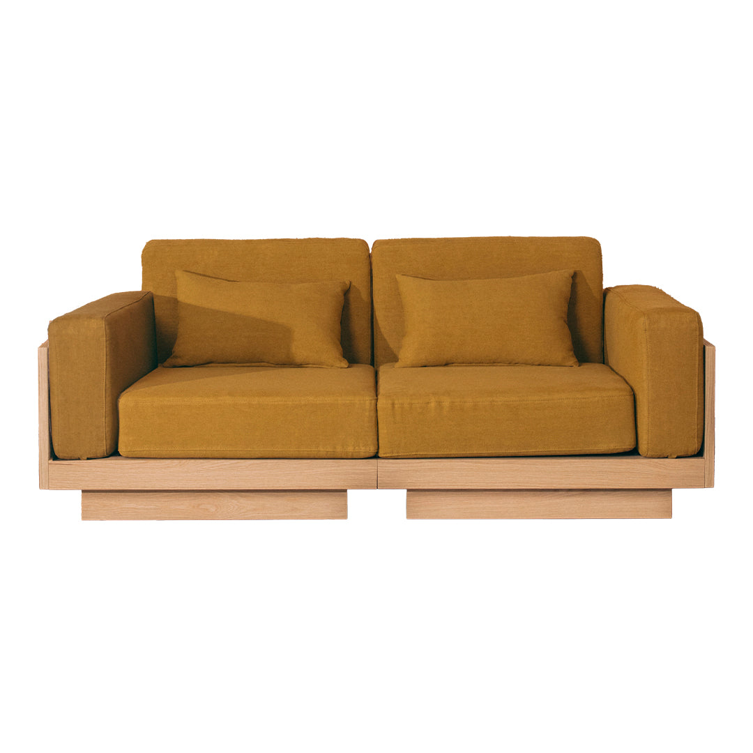 Modern mustard yellow sofa with a sleek wooden base and plush, solid cushions. Ideal for contemporary living spaces.