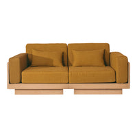 Modern mustard yellow sofa with a sleek wooden base and plush, solid cushions. Ideal for contemporary living spaces.