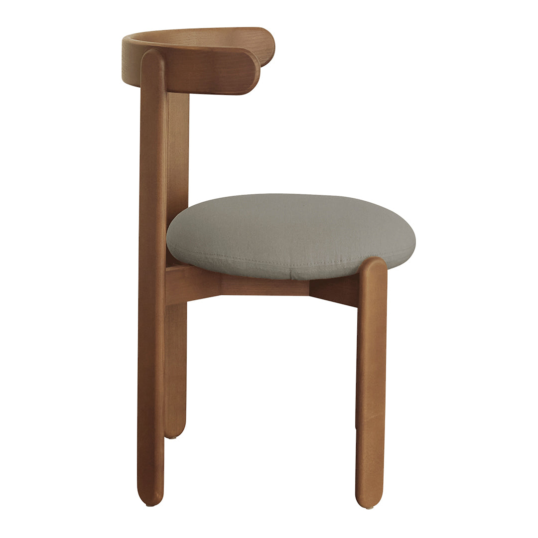 Modern wooden chair with a light brown frame and a soft gray upholstered seat, featuring a minimalist design.