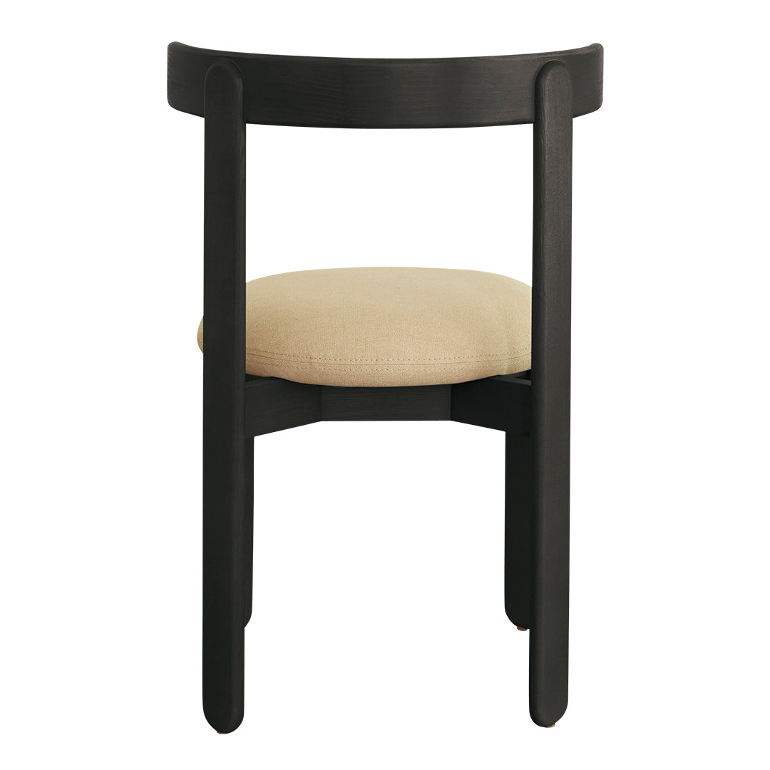 Black wooden chair with a round, creamy beige seat cushion. Simple and modern design.