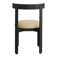 Black wooden chair with a round, creamy beige seat cushion. Simple and modern design.
