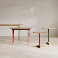 Modern tables in earthy tones of brown, red, and green with clean, minimalist lines and unique shapes.