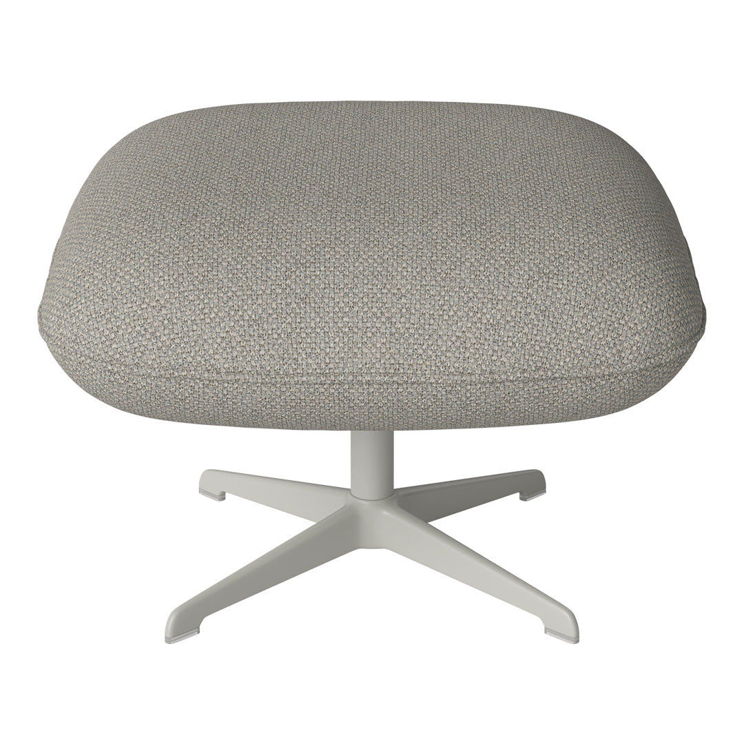 Light gray upholstered ottoman with a textured pattern and a minimalist white metal base. Perfect for modern decor.