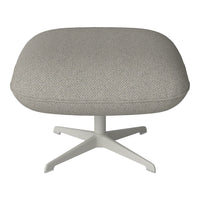 Light gray upholstered ottoman with a textured pattern and a minimalist white metal base. Perfect for modern decor.