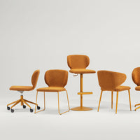 Set of modern chairs in warm mustard yellow fabric, featuring sleek minimalistic designs and various leg styles.