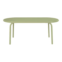 Light green oval dining table with a sleek, smooth finish and minimalist design. Ideal for modern decor.