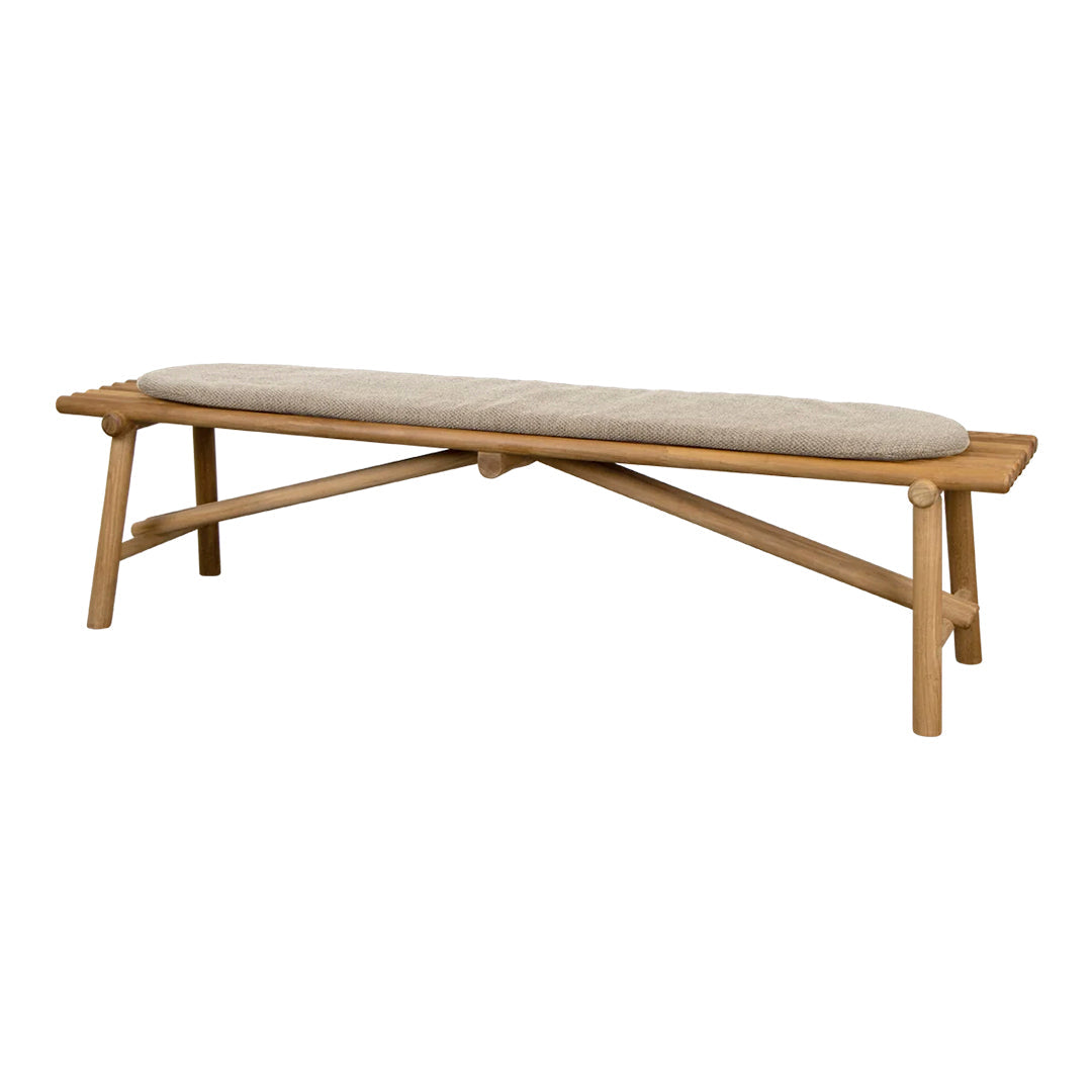 Natural wood bench with a beige cushion, featuring a simple, minimalist design. Perfect for any modern space.