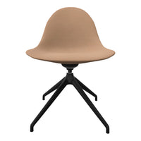 Tan fabric chair with a sleek black metal base, featuring a smooth, minimalist design. Perfect for modern decor.