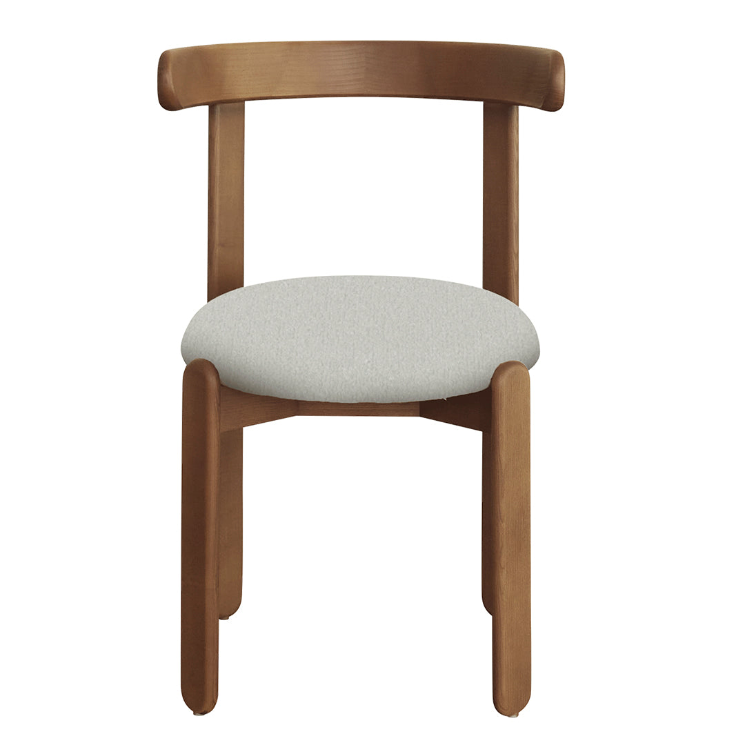 Brown wooden chair with a light gray upholstered seat. Simple, modern design suitable for various decor styles.