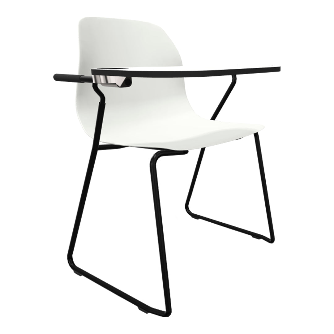 Modern white chair with a sleek black frame and minimalist design, perfect for contemporary spaces.