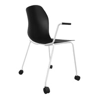 Black ergonomic chair with a sleek white metal frame and rolling wheels, perfect for modern spaces.