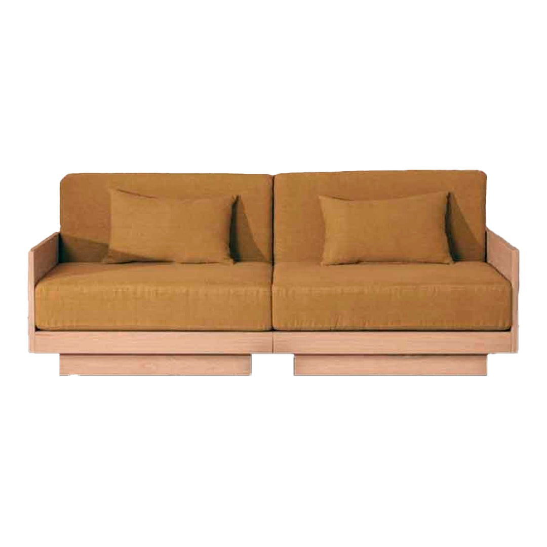 Brown upholstered sofa with a simple, modern design and plush cushions on a light wooden frame. Perfect for cozy spaces.