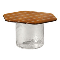 Hexagonal table with a warm brown wooden top and clear textured glass base. Striped design adds a modern touch.