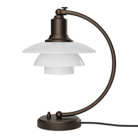 Stylish table lamp featuring a sleek bronze finish with layered white glass shades for a modern touch.