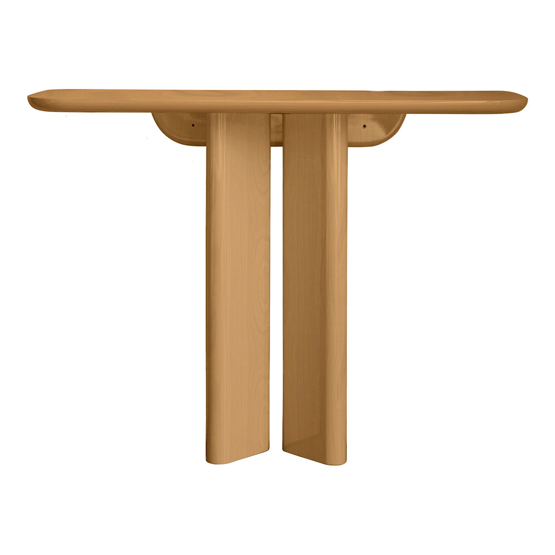 Light brown contemporary console table with a smooth surface and minimalistic design, perfect for modern decor.