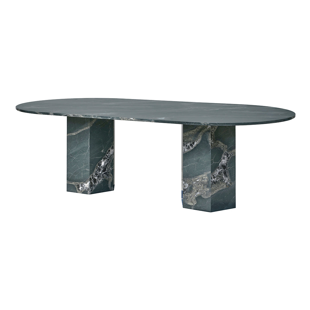 Elegant oval dining table in deep green with textured marble patterns and gray veining. Perfect for modern decor.