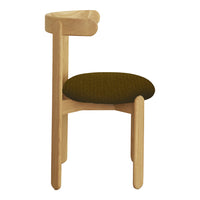 Light wood chair with a unique design and a dark olive green upholstered seat, showcasing a simple yet stylish pattern.