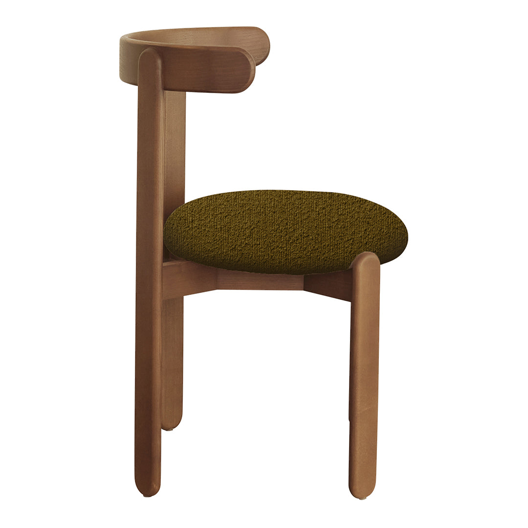 Wooden chair with a curved backrest and olive green upholstered seat, featuring a smooth brown finish.
