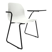 White chair with a sleek design and a black metal frame, featuring a small attached writing surface.