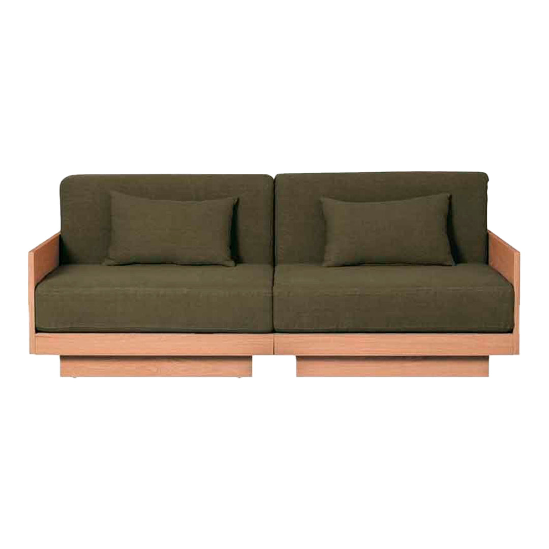 Modern two-seater sofa with olive green cushions and light wooden frame, featuring a clean, minimalist design.