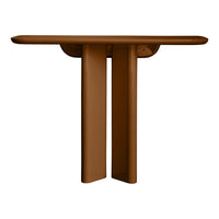 Brown console table with a sleek, modern design and smooth finish, featuring straight lines and minimalistic structure.