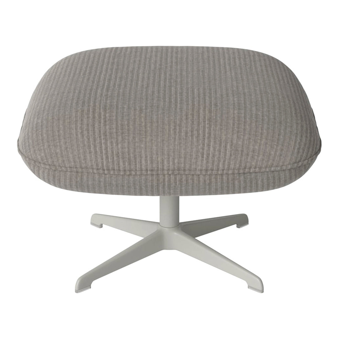 Light gray ottoman with subtle vertical stripes, featuring a smooth fabric texture and a sleek white base.