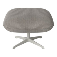 Light gray ottoman with subtle vertical stripes, featuring a smooth fabric texture and a sleek white base.