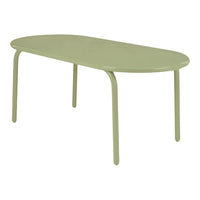 Light green oval dining table with subtle ribbed texture on the surface, perfect for modern decor.