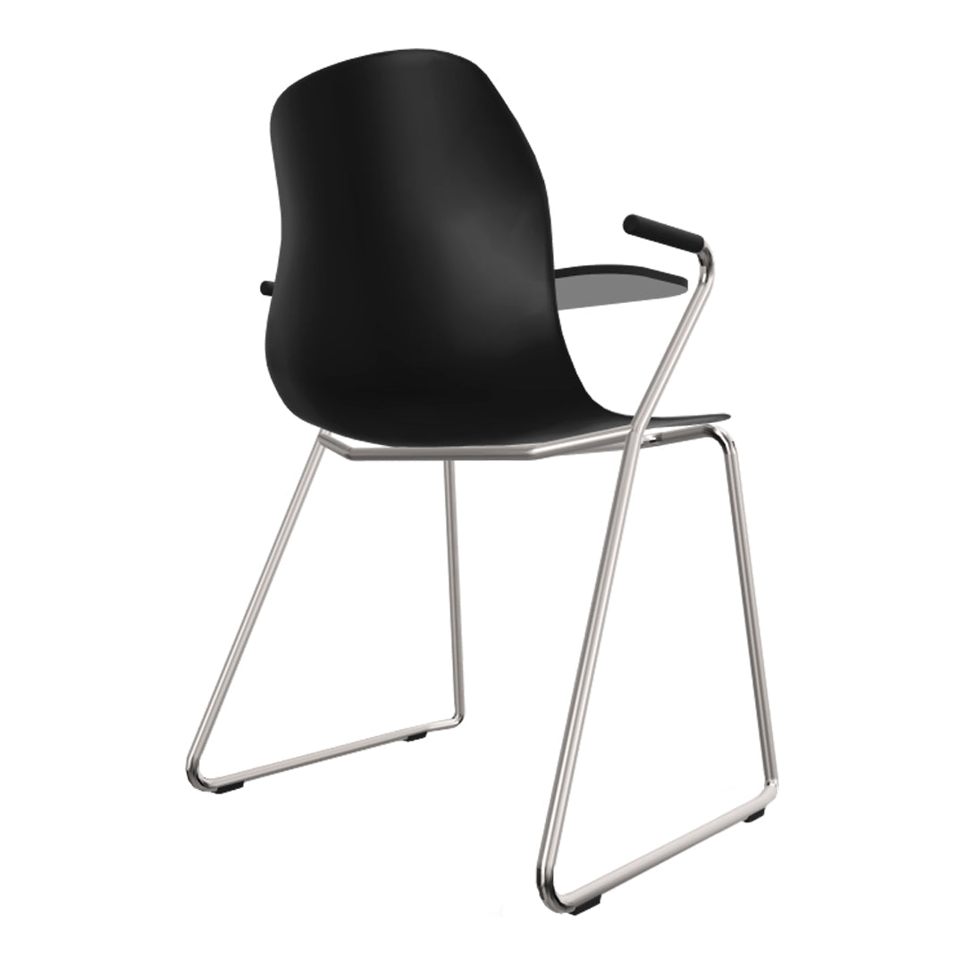 Black plastic chair with sleek lines and a chrome wire frame, perfect for modern spaces.