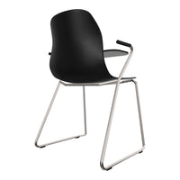 Black plastic chair with sleek lines and a chrome wire frame, perfect for modern spaces.