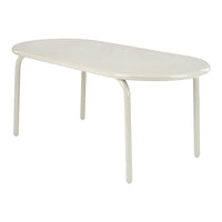 Light cream oval table with smooth, glossy finish and subtle ribbed texture on the surface. Minimalist design.