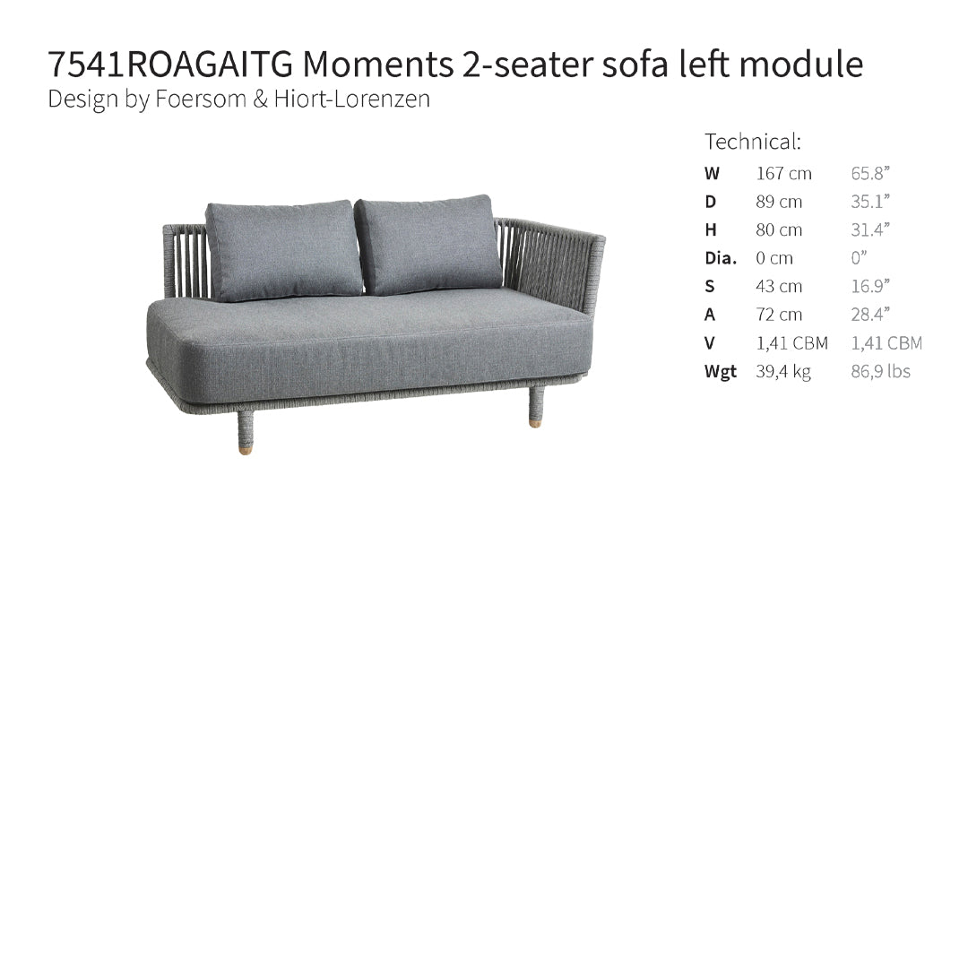Gray two-seater sofa with textured fabric and sleek metal frame, featuring stylish accent cushions.