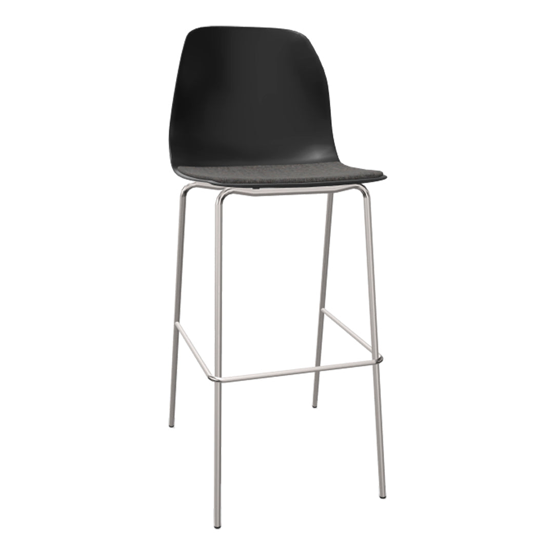 Black bar stool with a gray seat cushion and sleek silver metal legs. Modern and minimalist design, perfect for any decor.