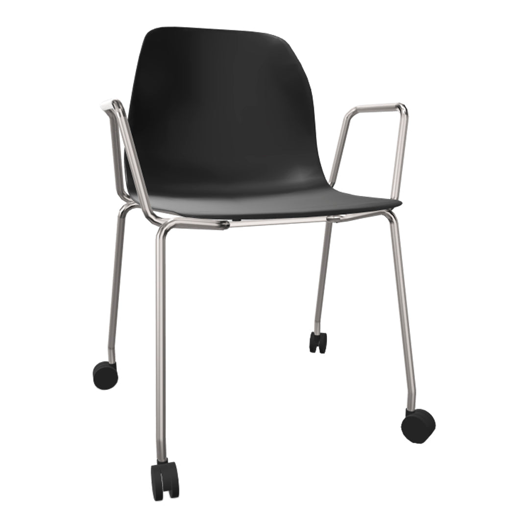 Black modern chair with a sleek design, featuring a smooth surface and silver accents in a minimalist style.