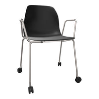 Black modern chair with a sleek design, featuring a smooth surface and silver accents in a minimalist style.