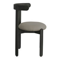 Modern black chair with a round, light gray upholstered seat and minimalist design. Perfect for contemporary decor.