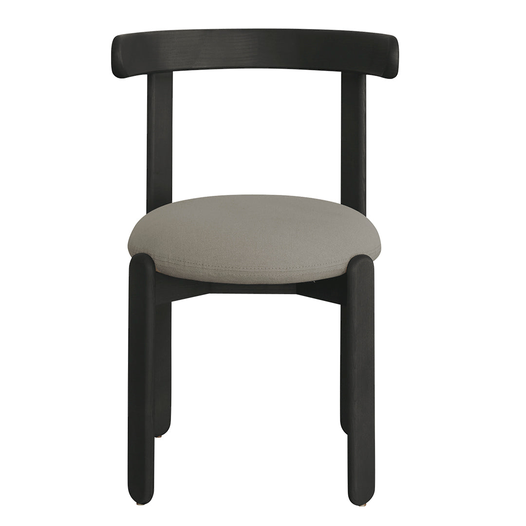 Black wooden chair with a smooth, light gray upholstered seat, featuring a minimalist design and clean lines.