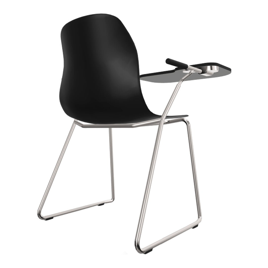 Black chair with sleek lines and a minimalist design, featuring a silver metal frame and integrated writing surface.