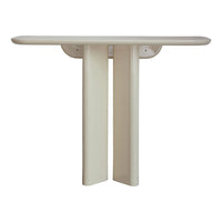 Cream-colored console table with a minimalist design and smooth, curved edges. Ideal for modern decor.