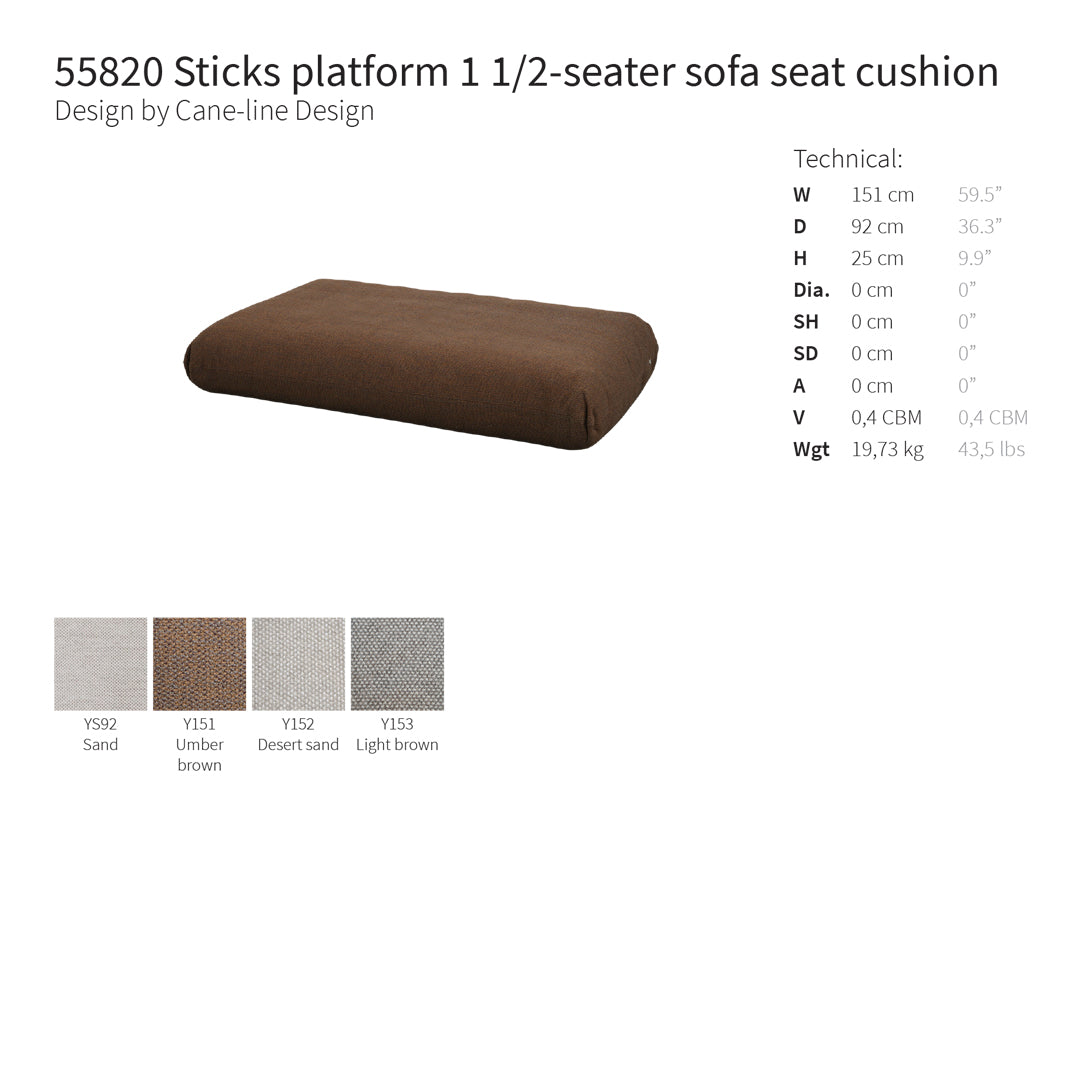 Brown rectangular sofa seat cushion with smooth texture; available in sand, grey, and light brown color options.
