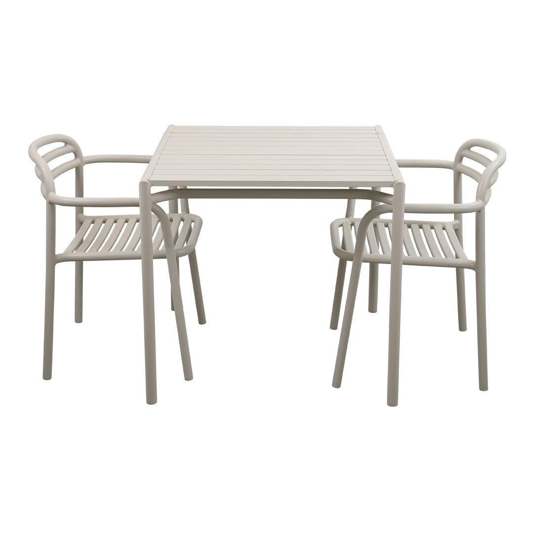 Light beige outdoor dining set with minimalistic slatted design and curved armchairs, perfect for patio decor.