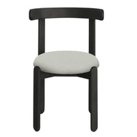 Black wooden chair with a soft, light gray upholstered seat, featuring a minimalist design.