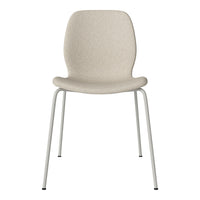 Light beige chair with a subtle textured pattern and sleek white metal legs. Ideal for modern spaces.