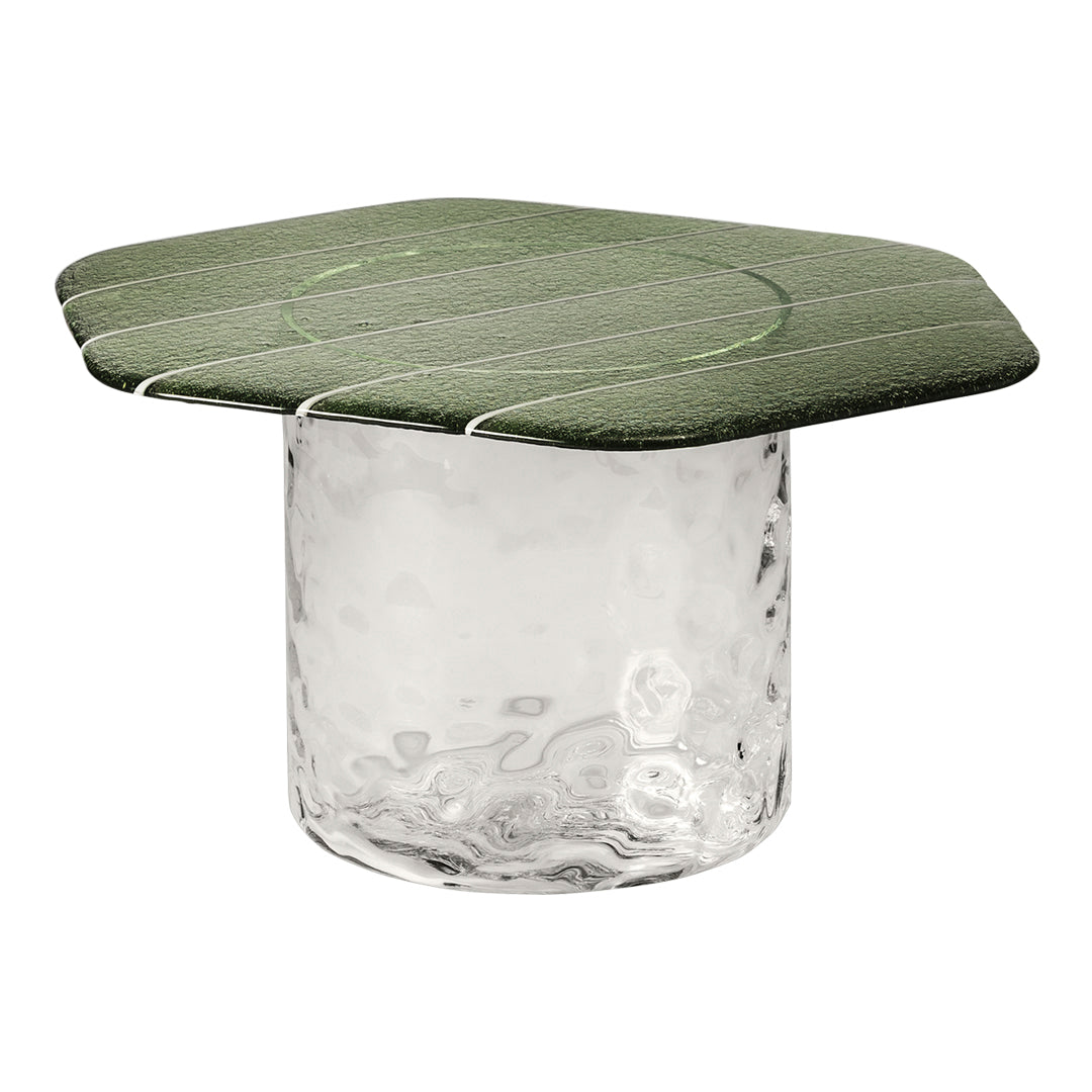 Green hexagonal top with white lines on a clear, textured glass base. Stylish and modern design for any decor.