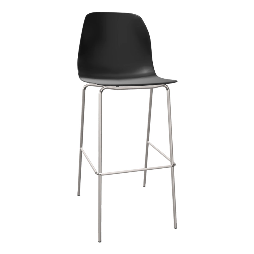 Black bar stool with a sleek, curved plastic seat and shiny silver metal legs. Modern and minimalist design.
