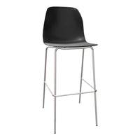 Black bar stool with a sleek, curved plastic seat and shiny silver metal legs. Modern and minimalist design.