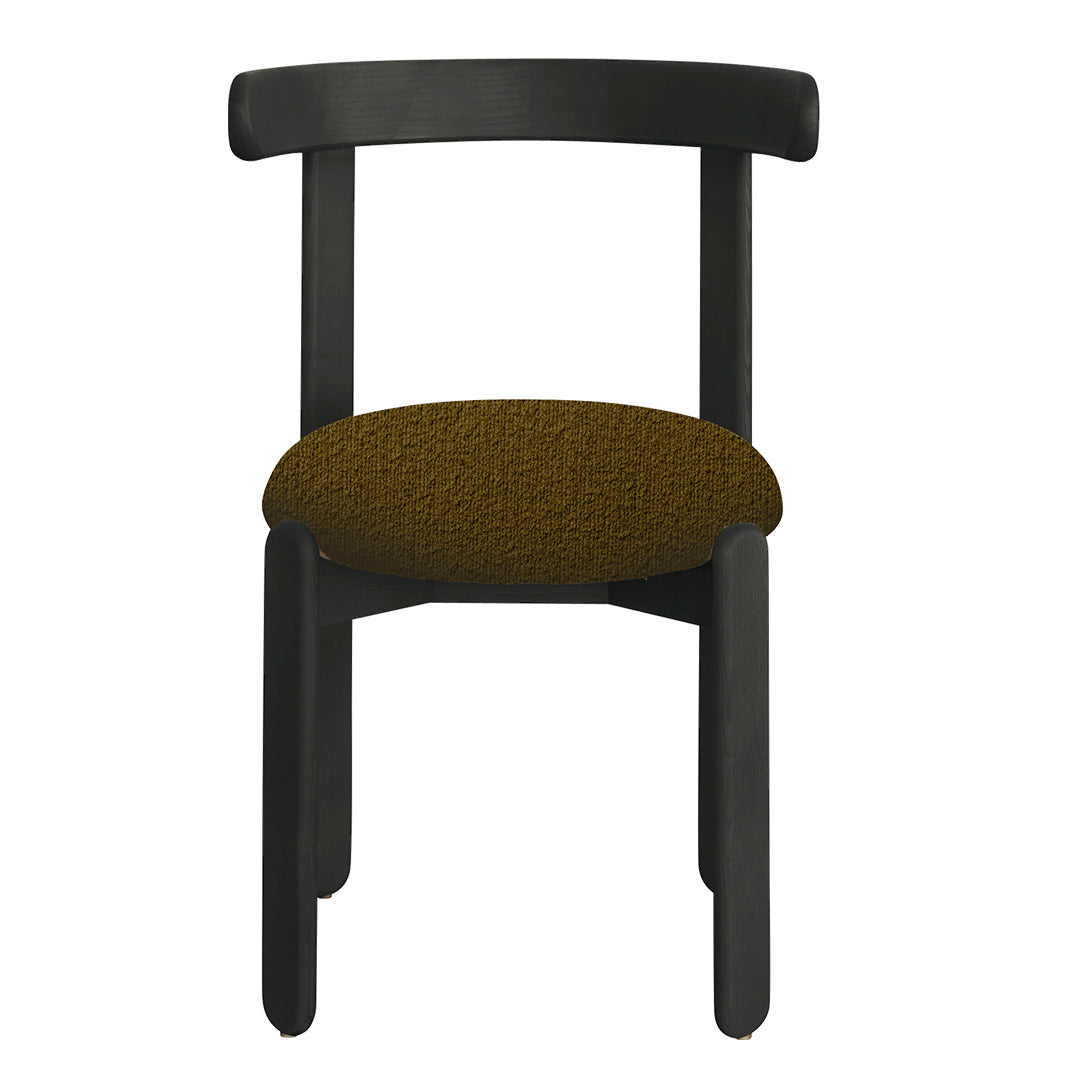 Black wooden chair with a textured olive green seat, modern design, minimalistic aesthetic.