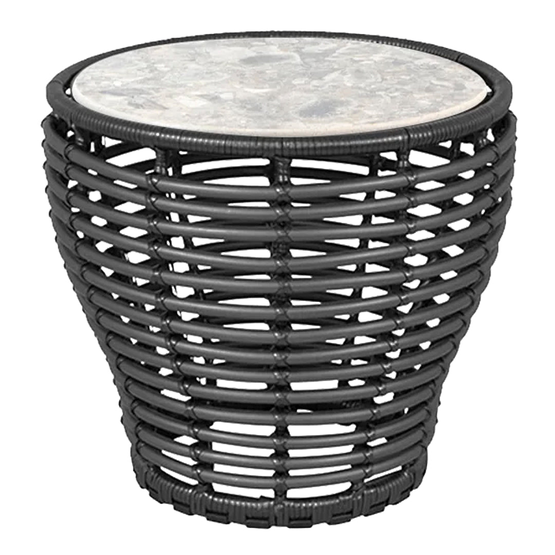 Black woven side table with a marble-patterned top, featuring a modern, stylish design perfect for any décor.