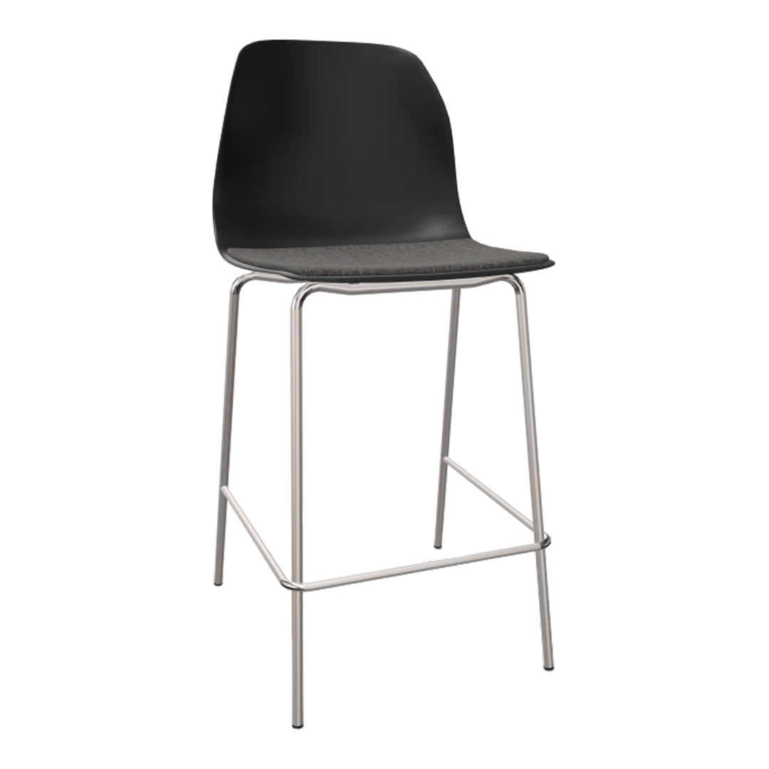 Black plastic bar stool with a gray upholstered seat and sleek silver metal legs for a modern look.